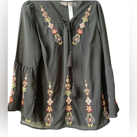 Chicos V-neck embroidered tunic black tassels size XL/16 - Picture 2 of 10